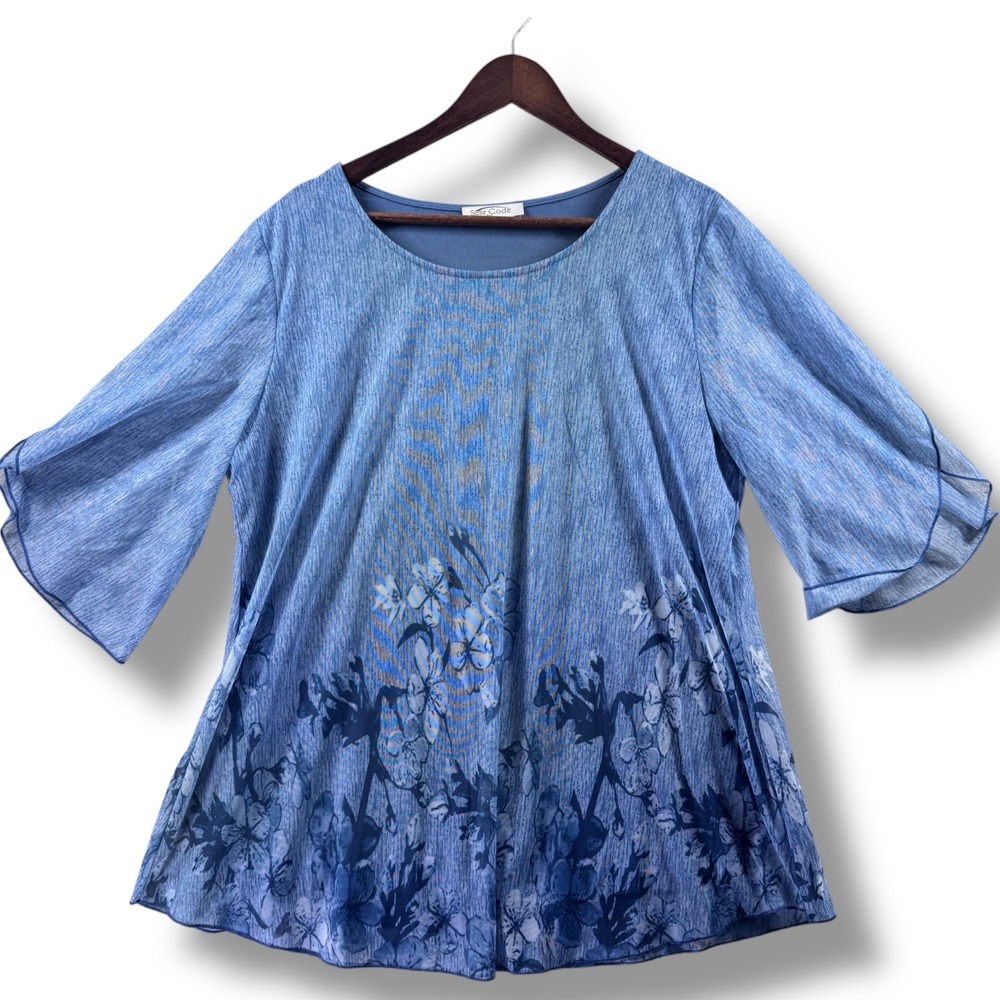Sese Code Womens Blue Floral Tunic Blouse Relaxed Fit Short Sleeve Top XL